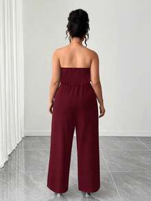 Elenzga 大尺碼女款純色抓皺優雅休閒柔軟修身抽繩腰帶日常辦公度假無肩帶連身褲 酒紅色 夏季 - 酒紅色 - 查看 2