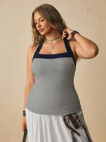 Levarali Women's American Retro Style Casual Tropical Navy Blue Ribbed Knit Camisole - Fitted Sleeveless Top Vacation Summer Formal - Navy Blue - View 5