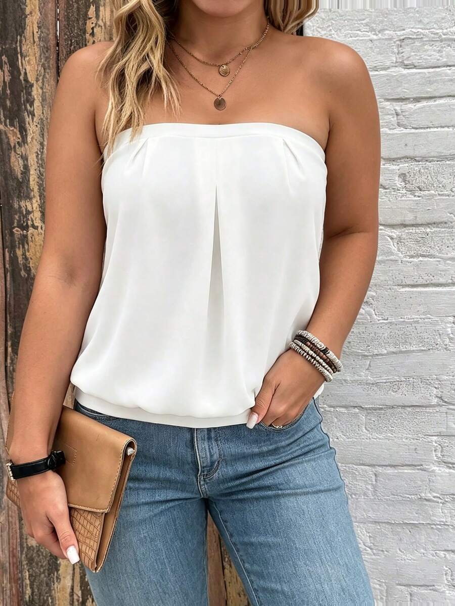 Breezaya Plus Size Women's Solid Color Fashion Casual Tube Top, Casual Wear, Summer, Suitable For Summer, Perfect For Spring/Summer Beach, Daily Wear, Date Night, Brunch, Street Style - White - View 1