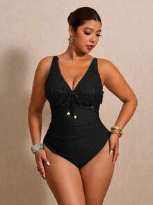 Elaquor Plus Size Elegant Sequin Tie-Up Fashion Vacation One-Piece Swimsuit Elegant Luxury Sequin Beach Vacation Swim Dress For Women Elegant Black Swim Dress - Black - View 6