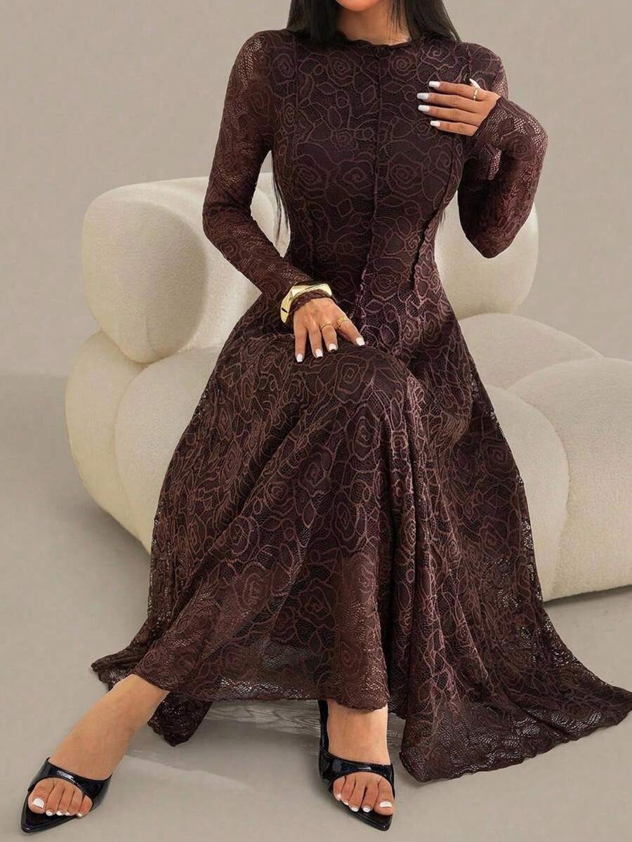 SHEIN PETITE Elegant Dark Brown Lace Dress For Women,Dresses For Women Elegant Dinner Autumn