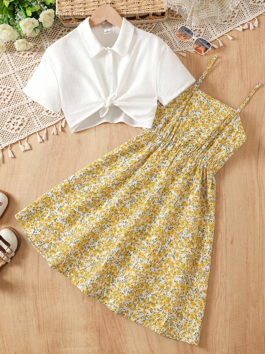 SHEIN Tween Girl S 號純色短袖上衣與碎花細肩帶洋裝套裝 - 黃色 - 查看 1