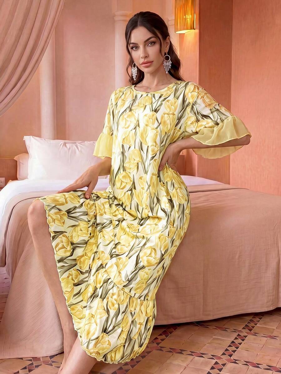 Jahmira Vestido largo de dormir con estampado floral, volantes y bloques de color, perfecto para el verano, Moo Moo - Amarillo - Ver 1