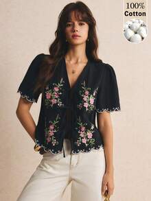 Poéselle Women's Cotton Casual Elegant Floral Embroidered Lace-Up Blouse, Going Out Brunch Vacation Tops, Work, Summer/Autumn Black And Pink - Black - View 4