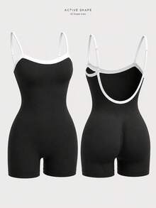 SHEIN Sports 1pc Black Contrast Trim Sports Romper, Adjustable Straps, Low Back, Bodycon Fit, Workout - Black - View 3
