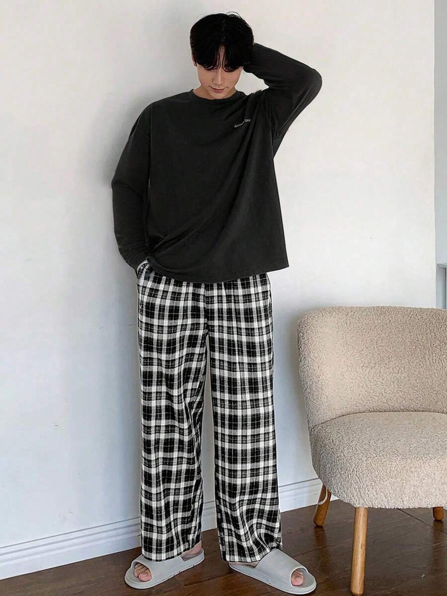 DAZY Set Piyama Kaos dan Celana Kotak-kotak Motif Huruf untuk Pria, Pakaian Musim Gugur dan Musim Dingin - Hitam - View 1