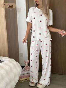 Young Women's Round Neck Cute Cherry All-Over Print Short Sleeve Long Pants Casual Knit Pajama Homewear Set - Apricot - View 8