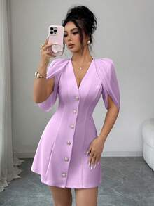 SHEIN Clasi 拼接布料V領A字裙優雅浪漫女款洋裝 - 淡紫色 - 查看 5
