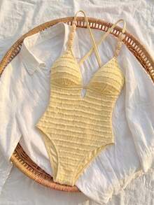SHEIN Swim 純色優雅度假女款連身泳衣，珠飾裝飾，交叉背帶設計，適合海灘度假、返校季與畢業季 - 黃色 - 查看 4