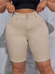 SHEIN Tall CURVE سروال قصير جينز أبيض مرن مقاس كبير للسيدات - كاكي - مشاهدة 3