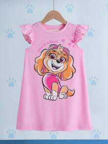 SHEIN | PAW Patrol 1件可愛俏皮風格女童圓領短袖荷葉袖洋裝 - 粉色 - 查看 1