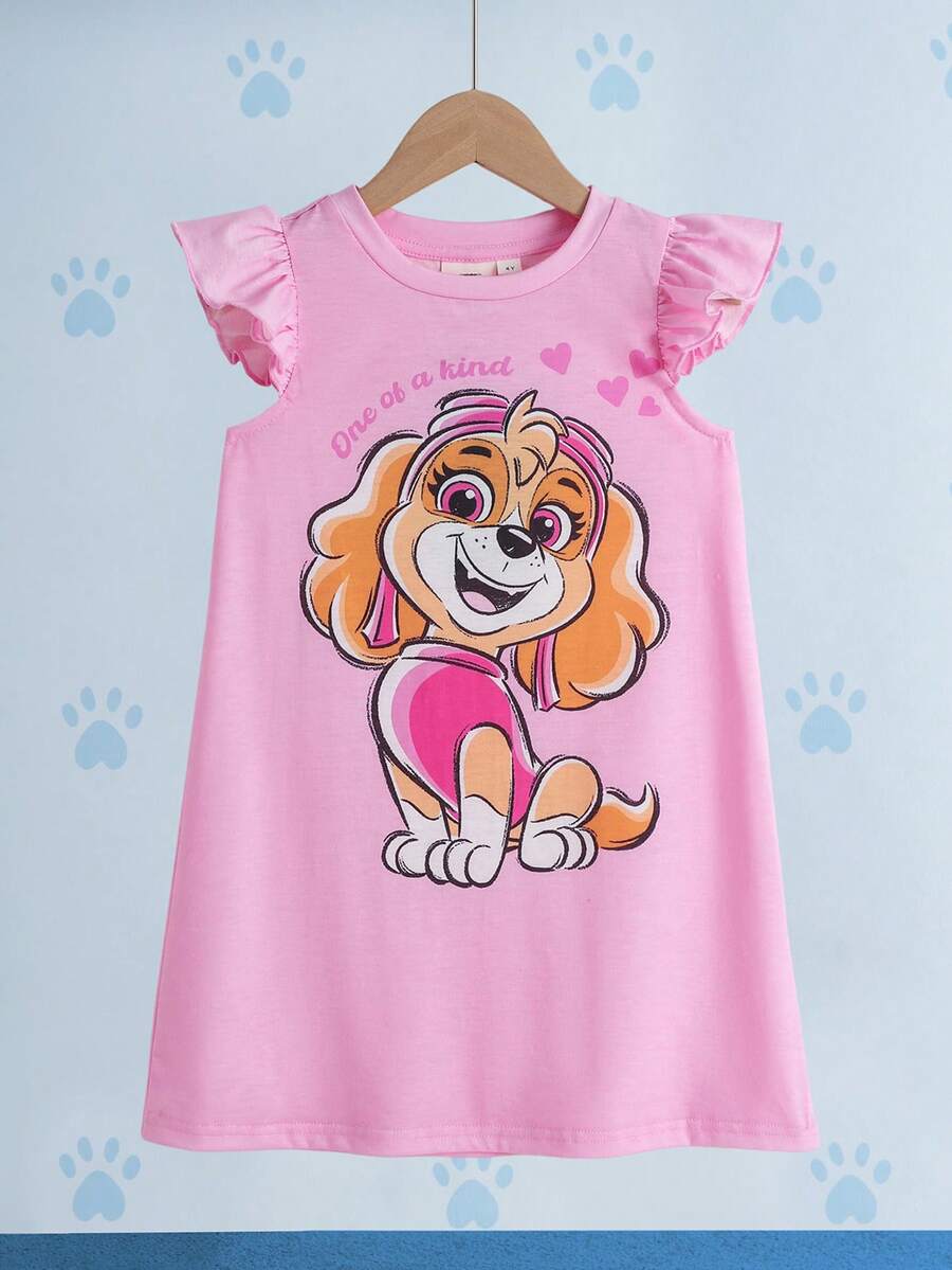 SHEIN | PAW Patrol 1件可愛俏皮風格女童圓領短袖荷葉袖洋裝 - 粉色 - 查看 1