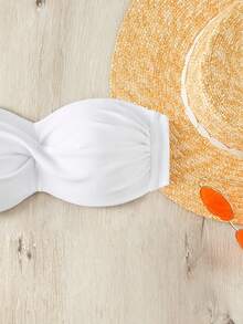 Swim Basics 女款純色聚攏胸托式平口比基尼上衣，春夏海灘與游泳度假適用 - 白色 - 查看 4