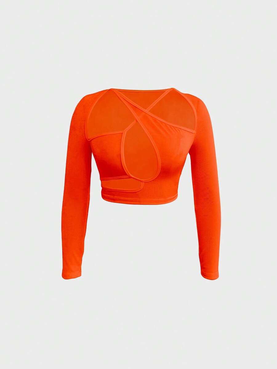 BamGleam Kaos Crop Slim Berlubang Warna Polos Modis dan Seksi untuk Wanita, Pakaian Musim Gugur - Jeruk - View 1