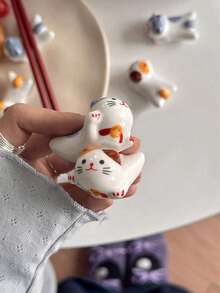 2pcs Ceramic Cat Shaped Chopstick Rest Holder, Cute Ins-Style Kitty Utensil Stand, Creative Tabletop Decor Stationery Holder - Multicolor - View 5