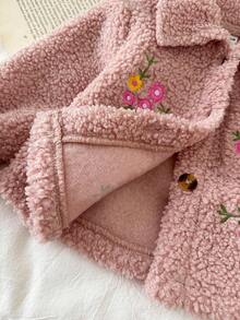 SHEIN 女婴厚羊毛刺绣花领长袖夹克，秋冬 - 粉色 - 查看 6
