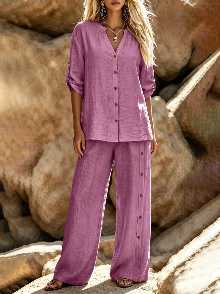 SHEIN LUNE CURVE Plus Size Women Solid Color Cuffed Sleeve Shirt And Pants Casual 2 Pieces Set - Purple - View 1