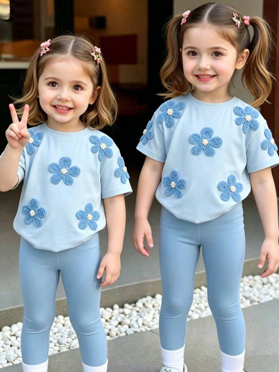 SHEIN Playful Pals 女嬰 2件/套休閒時尚百搭春夏嬰兒幼兒T恤套裝,可愛甜美藍色花卉上衣,花卉圖案,寬鬆圓領短袖T恤與藍色內搭褲2件套,春夏服裝套裝,適合休閒外出、返校、派對穿著 - 彩色 - 查看 1