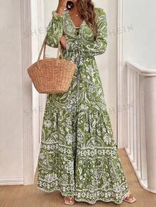 SHEIN Holidaya Front Lace Up Long Sleeve Pleated All-Over Print Maxi Casual Dress For New Year Clothes - Green - View 3