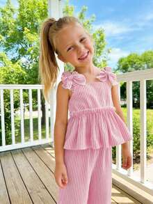 Emery Rose Kids Emery Rose Kids 女童編織素色細肩帶上衣與長褲兩件套 - 粉色 - 查看 4