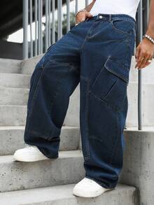 Manfinity EMRG American Vintage Structural Design Blue Washed Workwear Large Pocket Loose Curved Leg Denim Pants - Blue - View 5