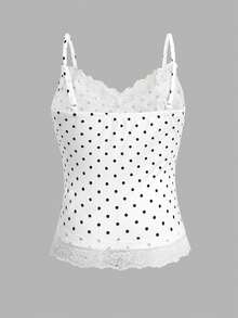 SHEIN Tween女孩軟綿蕾絲波點針織細肩帶背心，休閒日常百搭，適合外出與各種場合，姐妹款、親子款，可愛女孩風 - 白色 - 查看 2