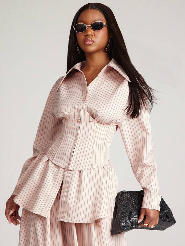 NYA SZN Top Long Sleeve Oversized Loose Buttons Collar Drape Corset Boned Bustier Office Business Striped Stripe Pastel Pink Outfits For Women
