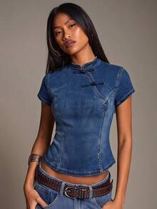 SHEIN BAE Women's Casual Stand Collar Versatile Daily Wear Top Everyday Blue Summer - Blue - View 5