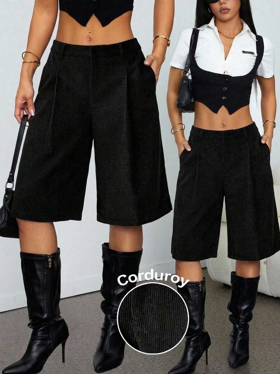 SHEIN PETITE 女款休閒度假燈芯絨口袋短褲,通勤辦公適用 - 黑色 - 查看 1