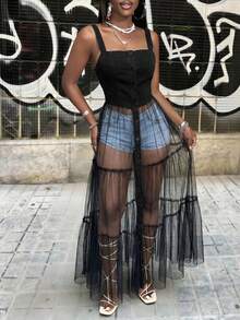 BamGleam Atasan Denim Patchwork Jala Kancing Streetwear Seksi Wanita - Hitam - View 7