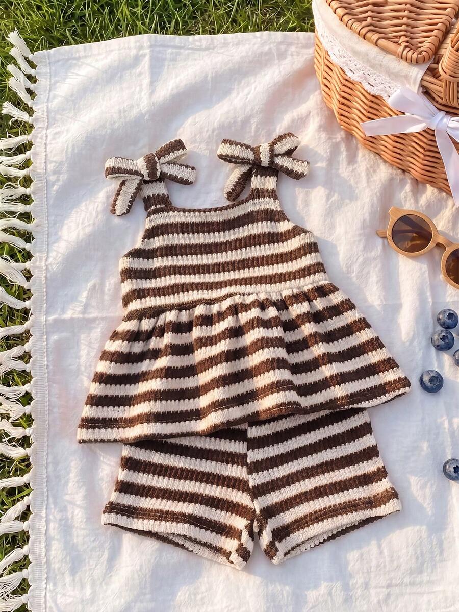 Playful Pals Babygirl Holiday Outfits Christmas Casual Outfits Red Halter Top And Shorts Summer Two Pieces Suit! Made Of Knitted Jacquard Fabric, The Unique Jacquard Design Increases The Artistic Sense Of The Dress, The Skirt Design Of The Bottom Half Of The Top And The Bow Decoration On The Shoulder Show The Innocence And Sweetness Of The Little Girl. Whether It's A Sunny Beach, A Lively Playground Or A Warm Family Gathering, It's Ideal For All Kinds Of Party Activities, - Coffee Brown - View 1