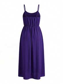 SHEIN Clasi Plus Size Women Solid Color Pleated Spaghetti Strap Dress And Cardigan Casual Daily 2-Piece Set - Purple - View 3