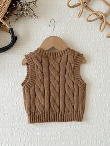 SHEIN LMoss Kids Baby Girl Solid Color Knit Round Neck Sleeveless Fitted Autumn Winter Sweater - Multicolor - View 2
