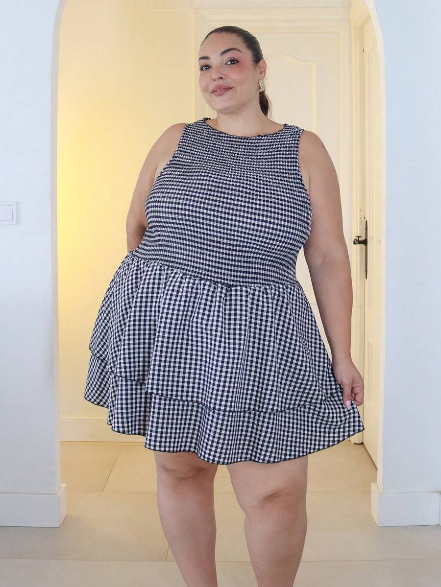 Pretty and Ole Rochie la modă minimalistă primăvară/vară, nouă, versatilă, cu guler rotund, carouri roșii, elegantă și delicată, cu talie mulată, fără mâneci, neagră - Negru - Vizualizare 1