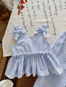 Emery Rose Kids Emery Rose Kids 女童蝴蝶結裝飾百褶條紋上衣與長褲休閒日常套裝 - 藍白色 - 查看 5