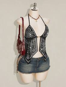 SHEIN ICON Women's Rivet Design Mesh Halter Neck Tank Top With Sexy Slit Hem - Black - View 7