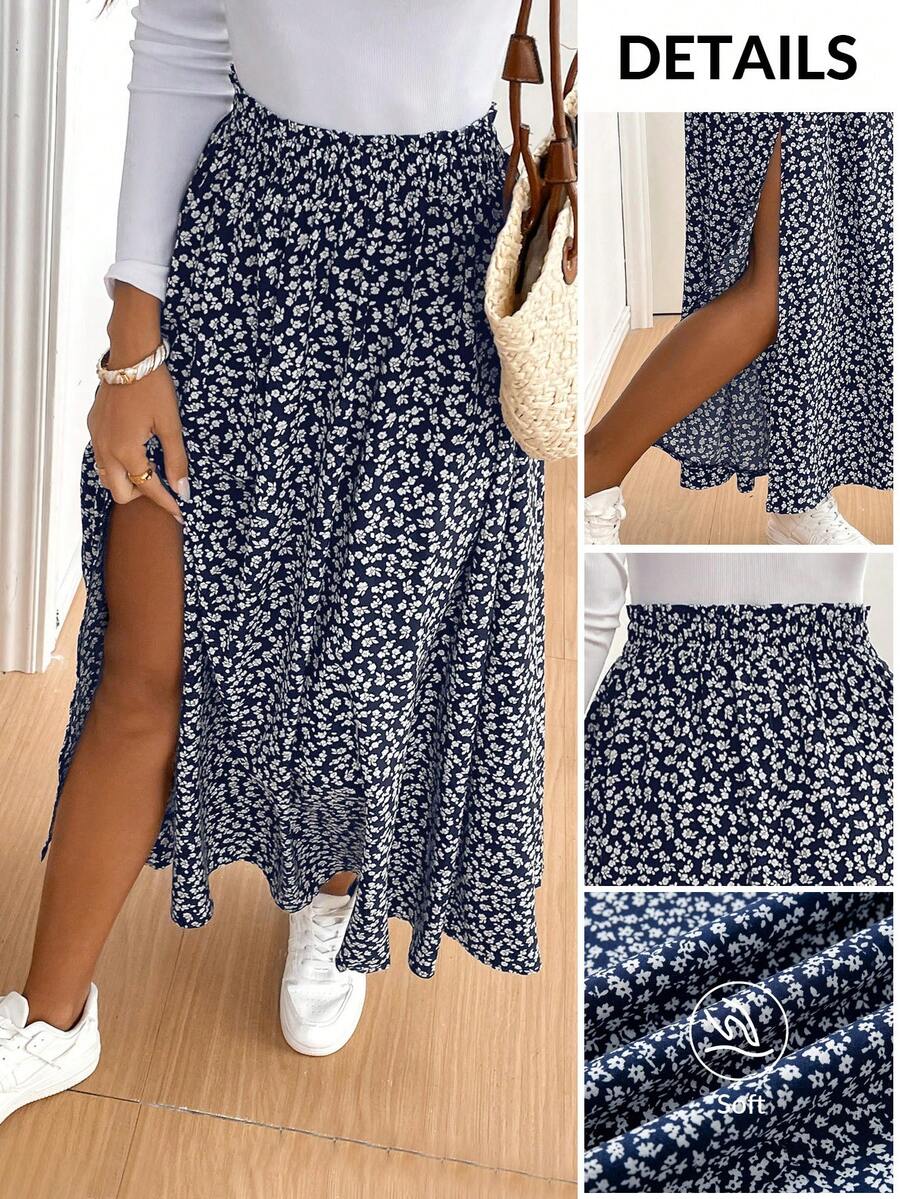 SHEIN Tall CURVE 大码女式休闲碎花高开衩半身裙，适合春、夏、秋季海滩/度假穿着