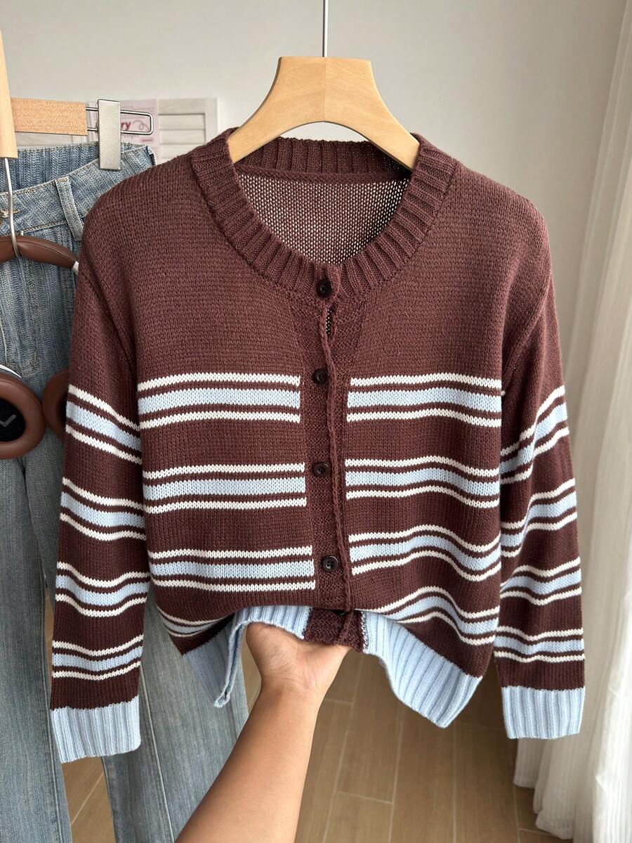 SHEIN 女童秋冬時尚豹紋提花針織開襟毛衣 - 彩色 - 查看 1