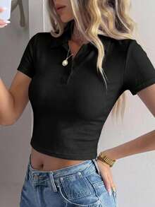 Dazy-Less Summer Autumn June Festival Collared Short Sleeve Button-Up Slim Fit Solid Black Ribbed Knit Cropped Tank Top For Women - Black - View 6