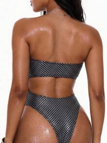 Oceva Women's All-Over Print Bandeau One-Piece Swimsuit, Suitable For Beach Vacation, Pool Party, Beach Party Black Summer Sexy - Black - View 3