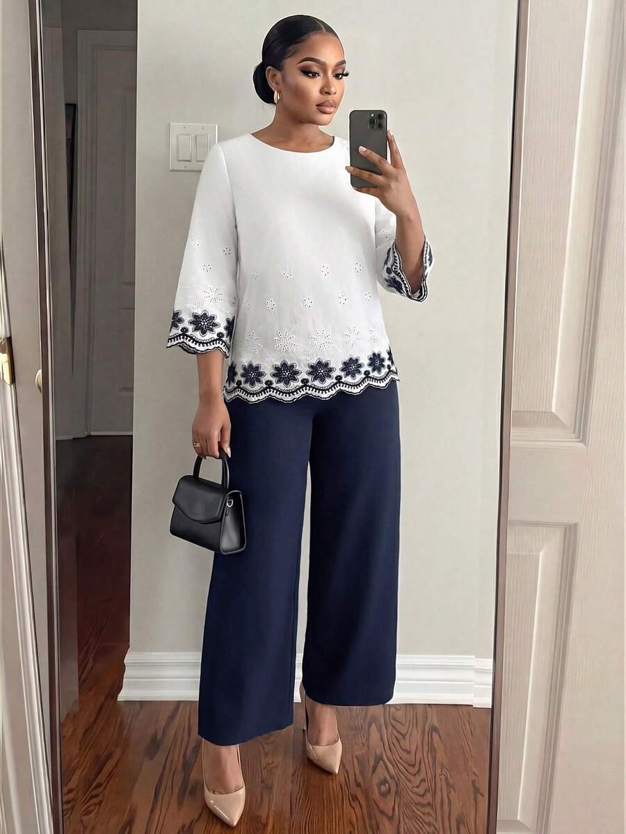 SHEIN Lady CURVE Conjunto casual de 2 piezas para mujer talla grande con top de manga corta y cuello redondo con bordado floral y pantalones para otoño - Multicolor - Ver 1