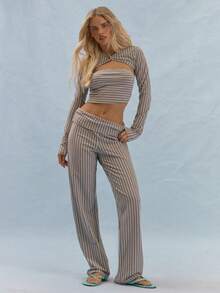 MUSERA Conjunto de Três Peças com Top Regata, Cardigan Curto de Manga Longa com Recorte e Calça, Detalhe de Estampa Listrada, Casual de Verão, Estilo Feminino Y2K, Macio, Social - Cinza - Visão 1