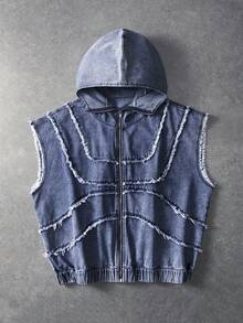 ROMWE MEN 男士休閒水洗毛邊下擺連帽無袖牛仔上衣 - 淺色水洗藍 - 查看 1