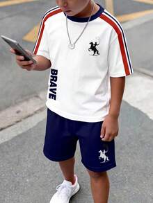 青少年男孩休閒舒適時尚簡約圓領短袖T恤與短褲套裝，經典條紋圖案印花，精緻小Logo圖案印花，Brave文字圖案印花 - 彩色 - 查看 1