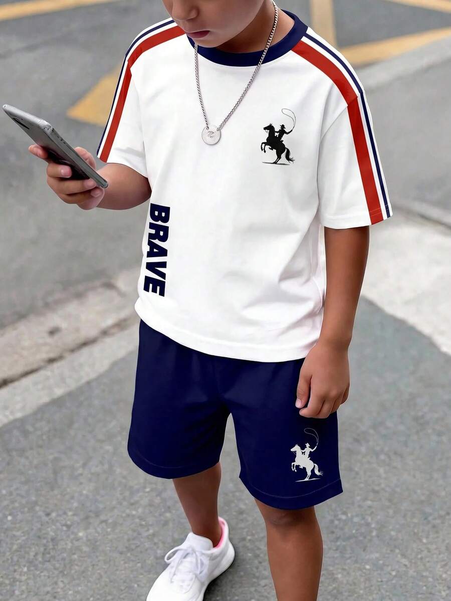 青少年男孩休閒舒適時尚簡約圓領短袖T恤與短褲套裝,經典條紋圖案印花,精緻小Logo圖案印花,Brave文字圖案印花 - 彩色 - 查看 1