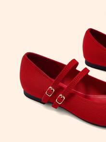 CUCCOO BASICS Women's Shoes Fashion Versatile Square Toe Double Strip Red Flat Shoes Knitted Mary Jane Shoes Fall Shoes - Red - View 6