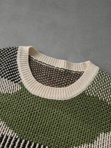 ROMWE MEN Men's Colorblock Crew Neck Long Sleeve Casual Loose Fit Sweater - Green - View 3