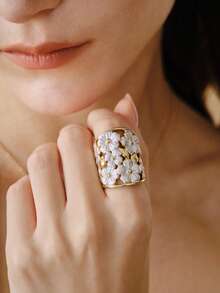 Opalesca 18K Gold Plated White Flower Exquisite Fashion Open Ring - Yellow Gold - View 7