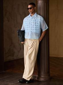 AKNOTIC Men's Single-Breasted Organza Woven Trim Short Sleeve Shirt - Baby Blue - View 11