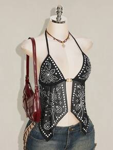 SHEIN ICON Women's Rivet Design Mesh Halter Neck Tank Top With Sexy Slit Hem - Black - View 1